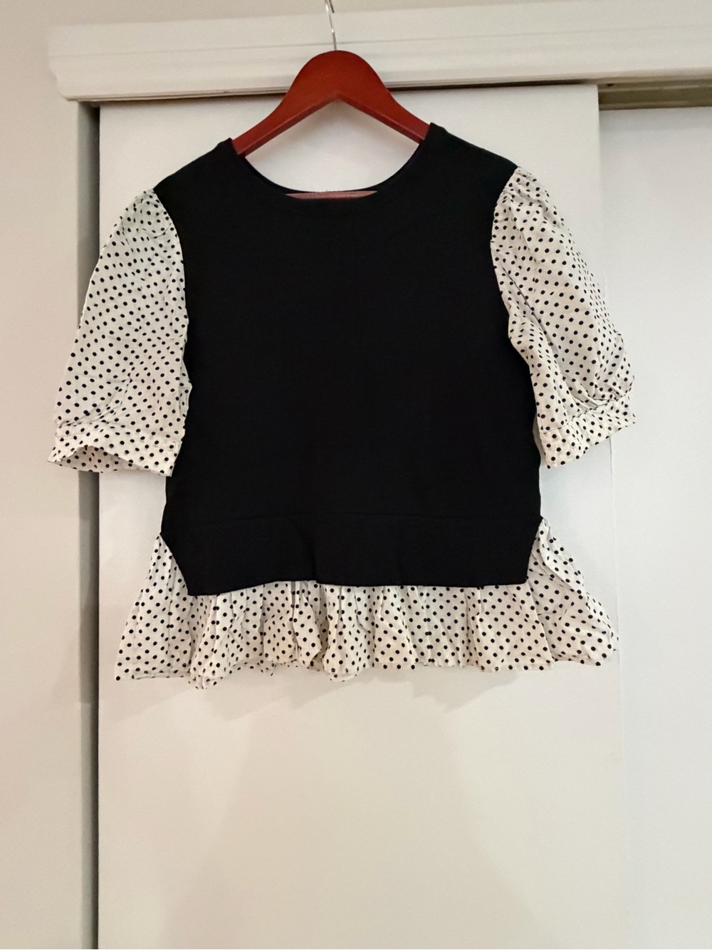 Anthropologie Black & White Polka Dot Peplum Sleeve Top size M